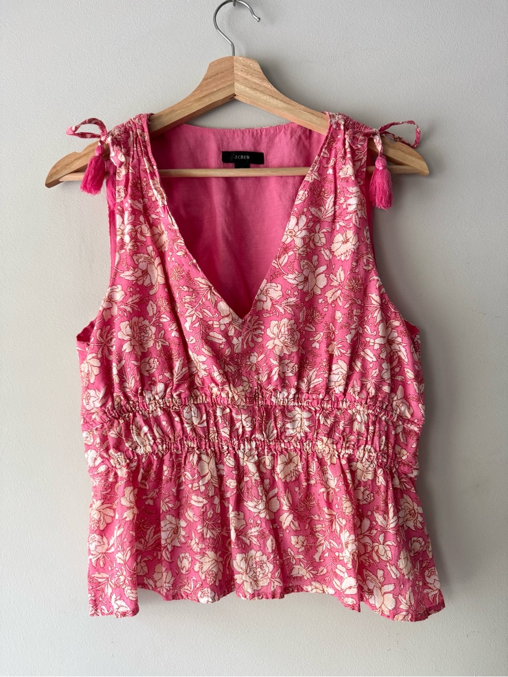 J. Crew Pink Floral Tie-Shoulder V-Neck Peplum Tank Top